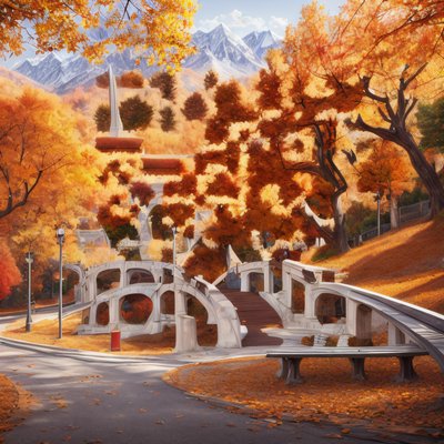 Autumn Park Bridge Mountain Painting QR Code Art