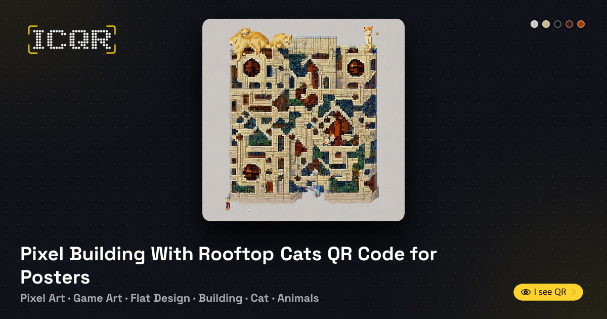 Pixel Building With Rooftop Cats QR Code for Posters • ICQR