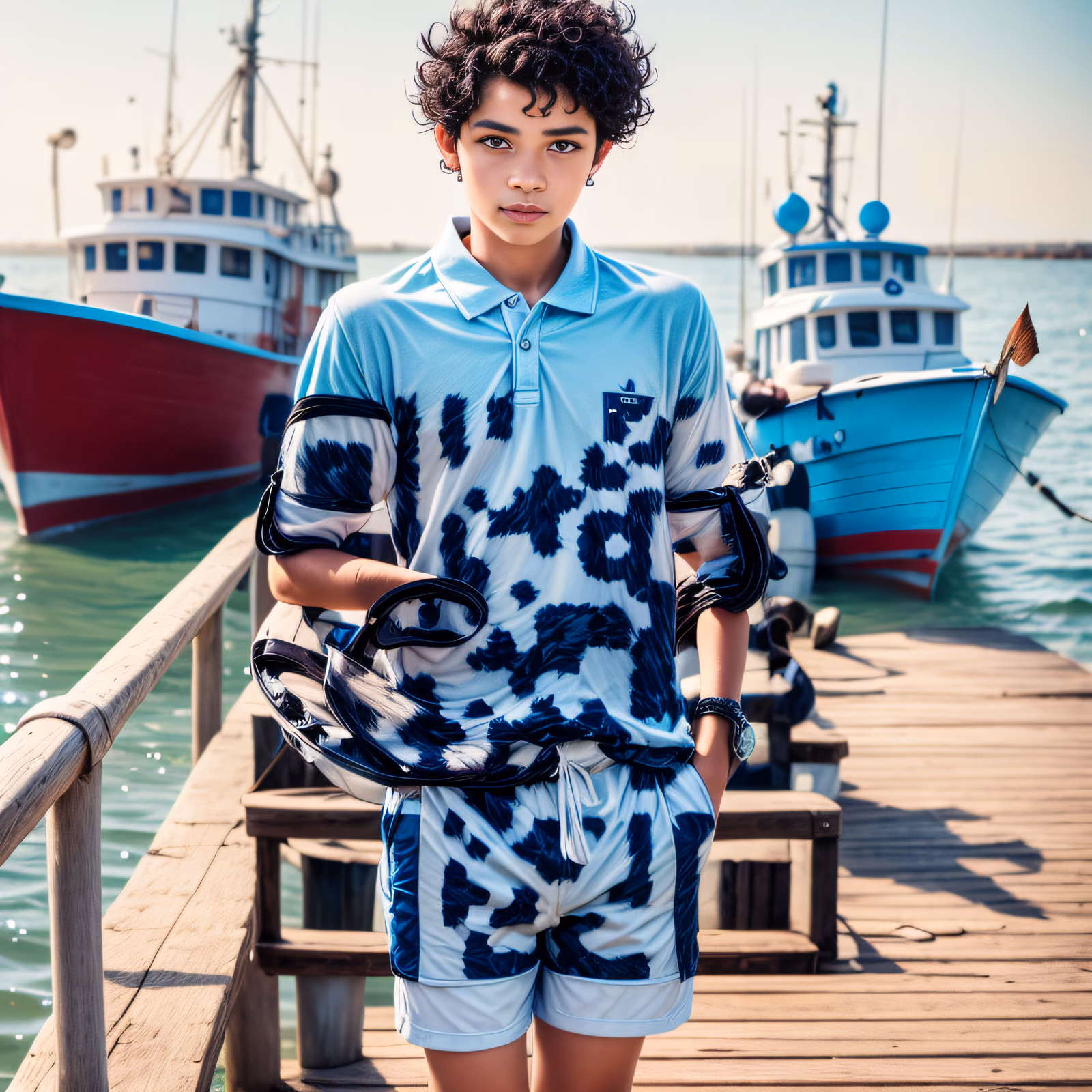 Boy on Sunlit Pier Photorealistic QR Code for Apparel — image 1