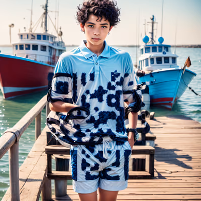 Boy on Sunlit Pier Photorealistic QR Code for Apparel — image 1