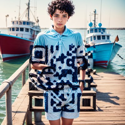 Мальчик на залитом солнцем пирсе: фотореалистичный QR-код для одежды