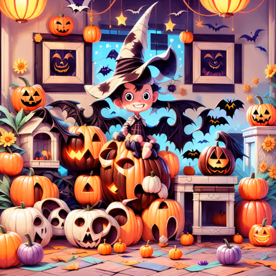 Child Witch on Pumpkins Cartoon QR Code for Posters — image 1