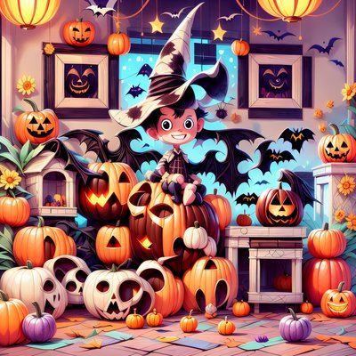Child Witch on Pumpkins Cartoon QR Code for Posters