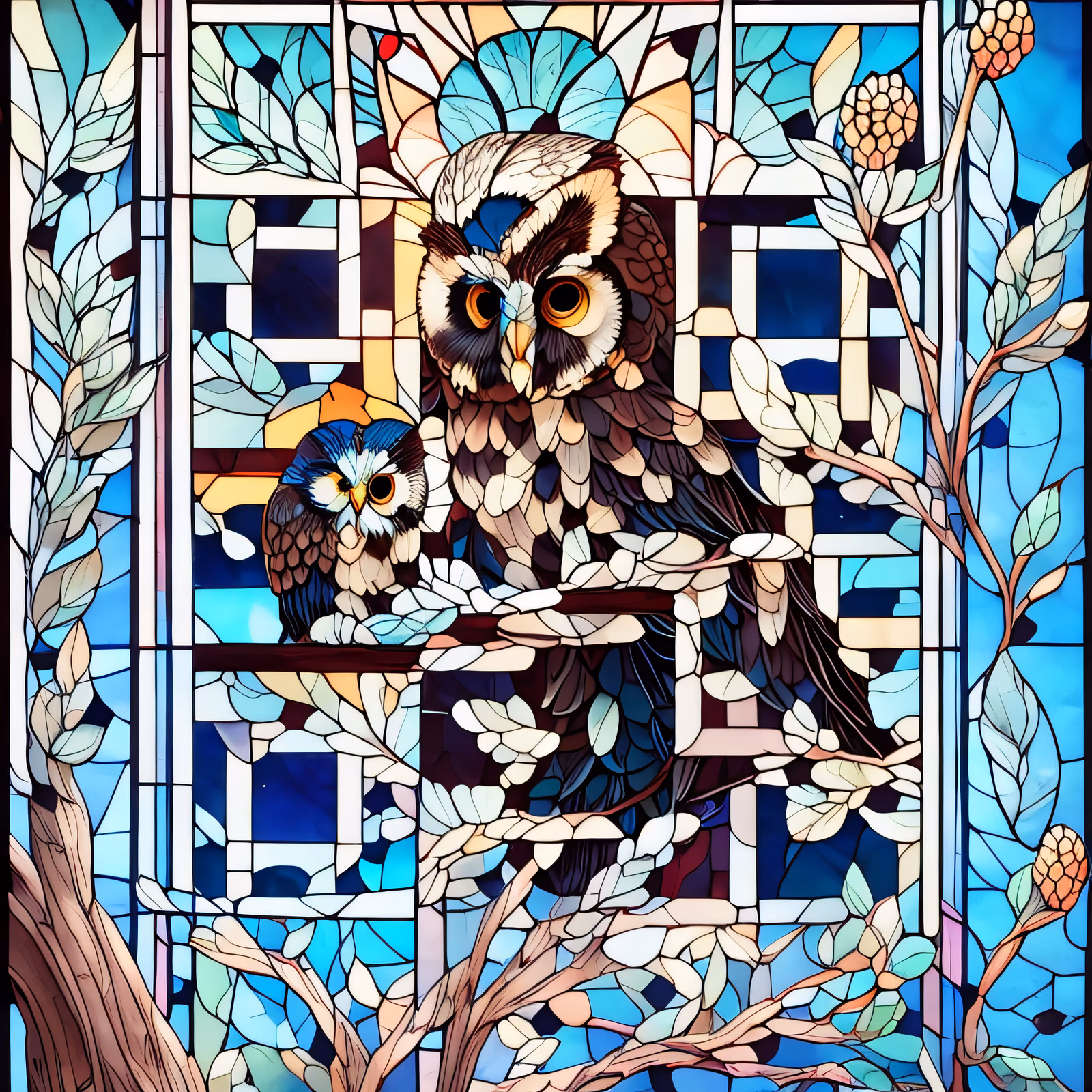 Owl and Owlet Stained Glass QR Code Art — image 1