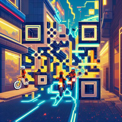 Pixel Art Cyber Race City QR Code for Posters