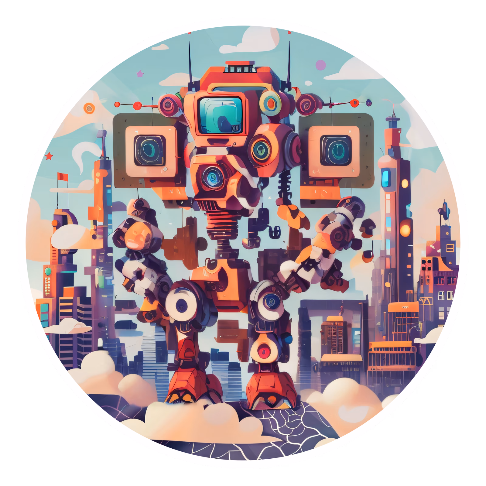 Ретро-робот на фоне города будущего: векторный QR-код для наклеек — изображение 1