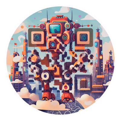 Ретро-робот на фоне города будущего: векторный QR-код для наклеек — изображение 1
