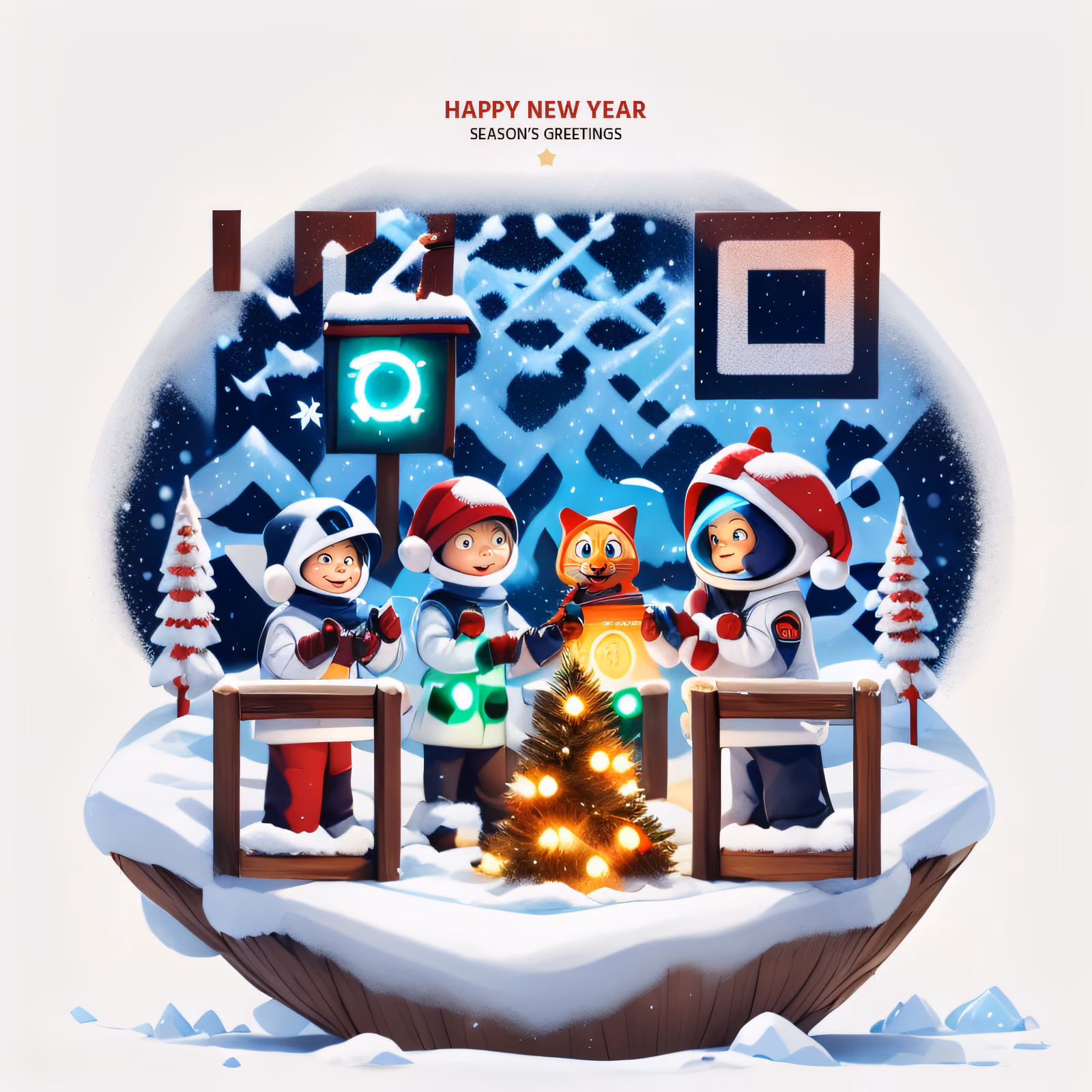 Space Kids Snowy New Year QR Code for Greeting Cards — image 1