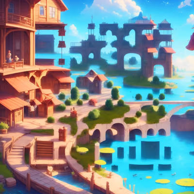 Fantasy Waterside Town Game Art QR Code for Posters — image 1