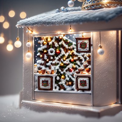 Miniature Christmas Coffee Shop Photorealistic QR Code for Greeting Cards