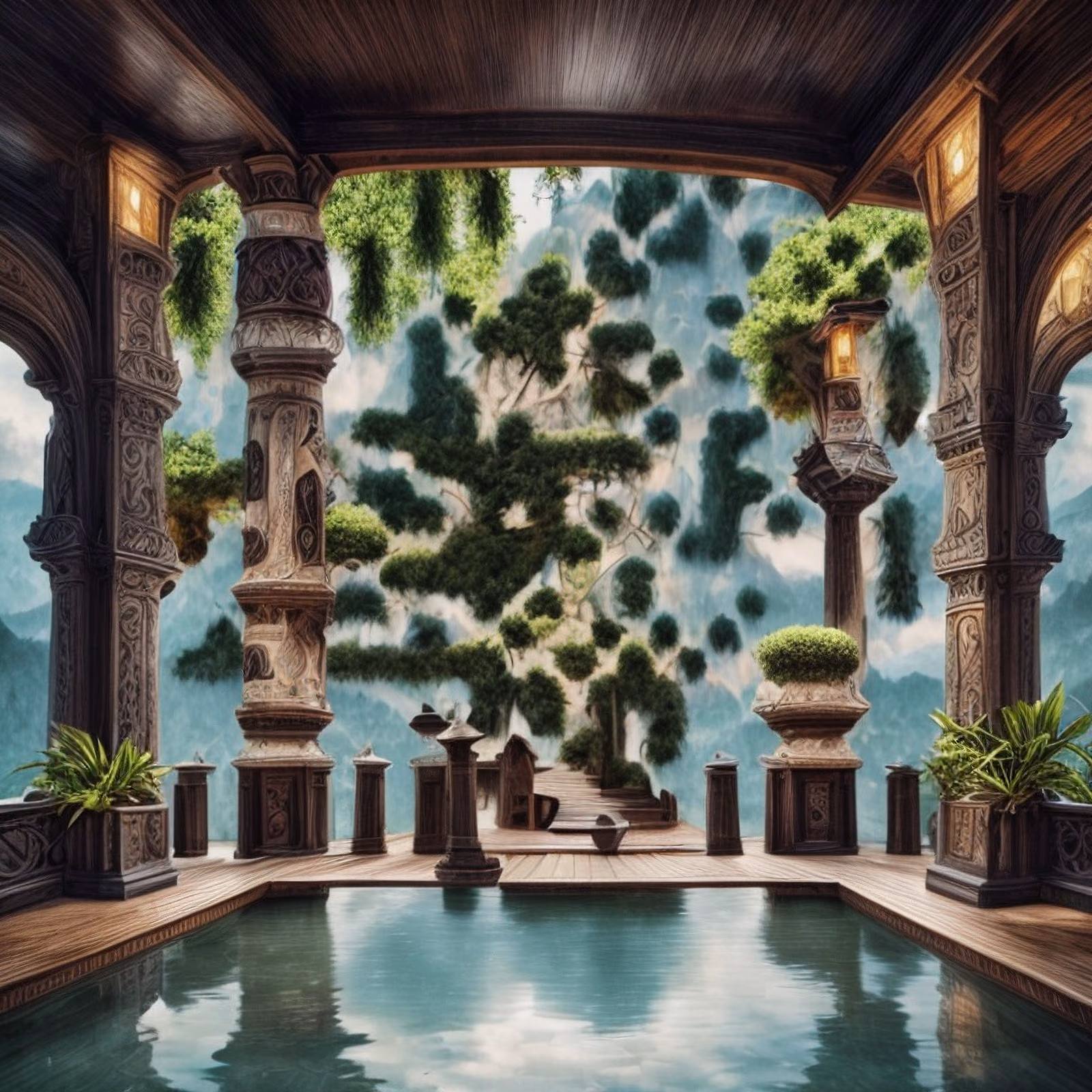 Carved Wooden Pavilion Mountain View QR Code for Posters — image 1
