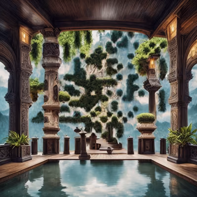 Carved Wooden Pavilion Mountain View QR Code for Posters — image 1