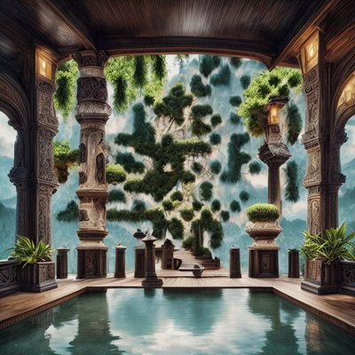 Carved Wooden Pavilion Mountain View QR Code for Posters
