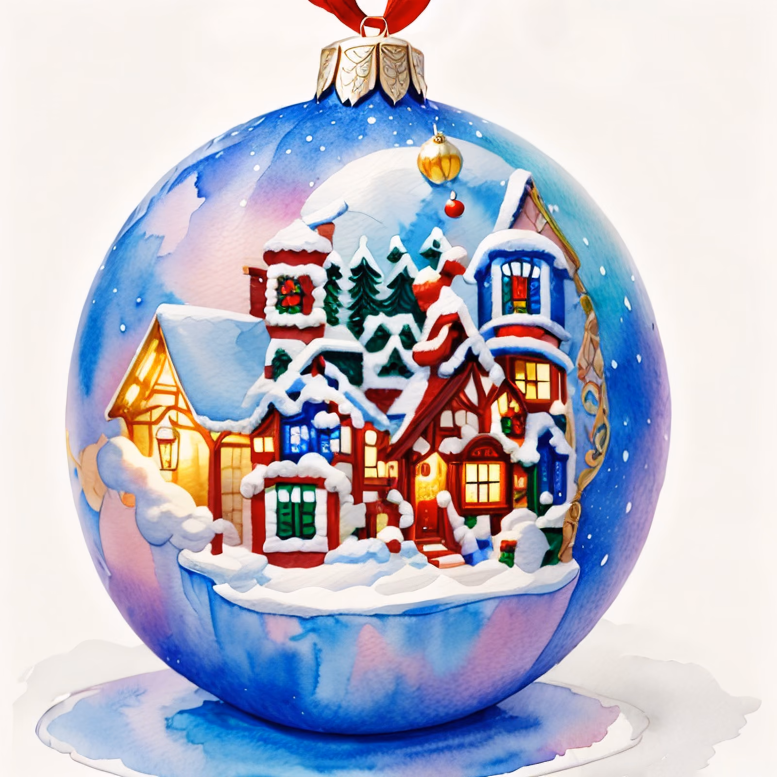 Snowy Village Christmas Ornament Watercolor QR Code for Greeting Cards — image 1