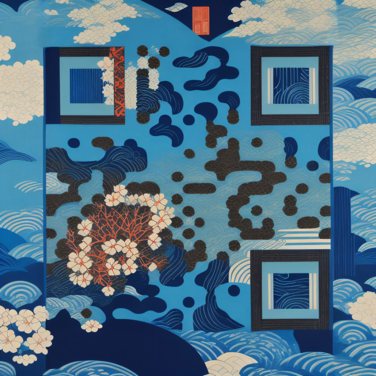 Indigo Wave Blossom Woodblock QR Code Art — image 1