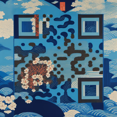 Indigo Wave Blossom Woodblock QR Code Art — image 1