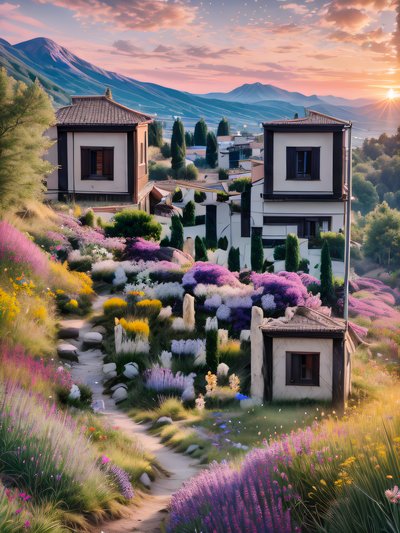 Hillside Village Sunset Wildflower QR Code Art