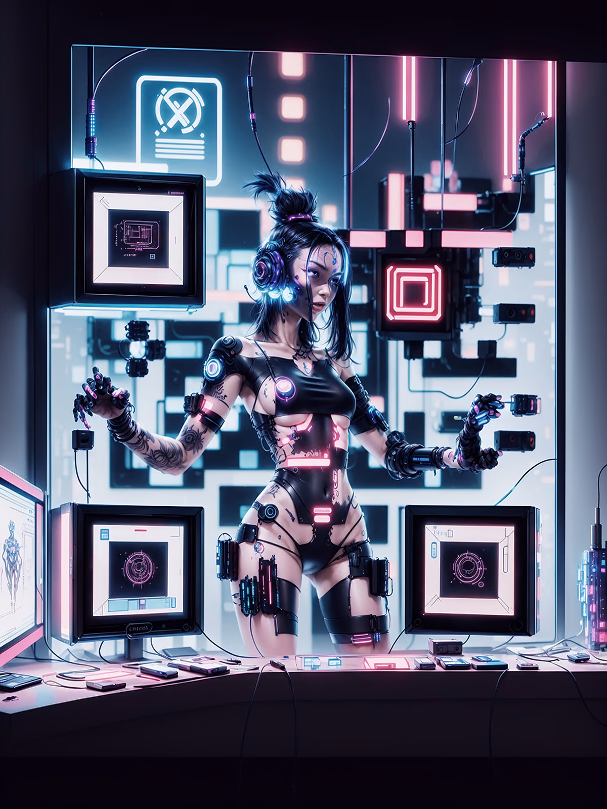 Cyberpunk Woman Neon Workstation QR Code Poster — image 1