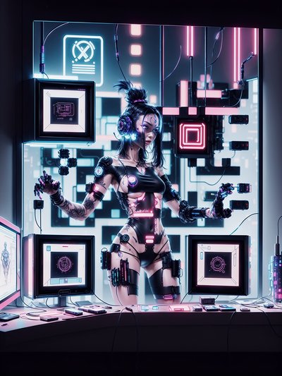 Cyberpunk Woman Neon Workstation QR Code Poster
