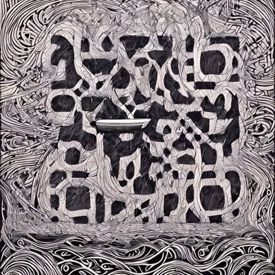 Лодка в океане в стиле дзентангл: QR-код, нарисованный тушью — изображение 1