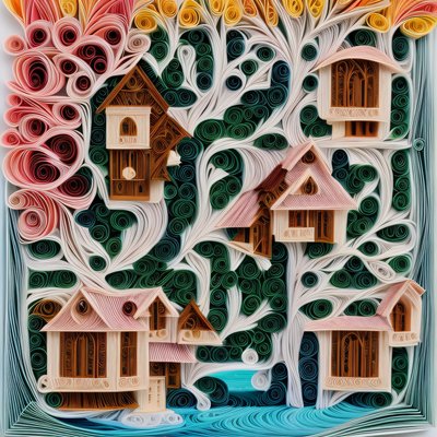 Quilled Paper Village Tree QR Code Art