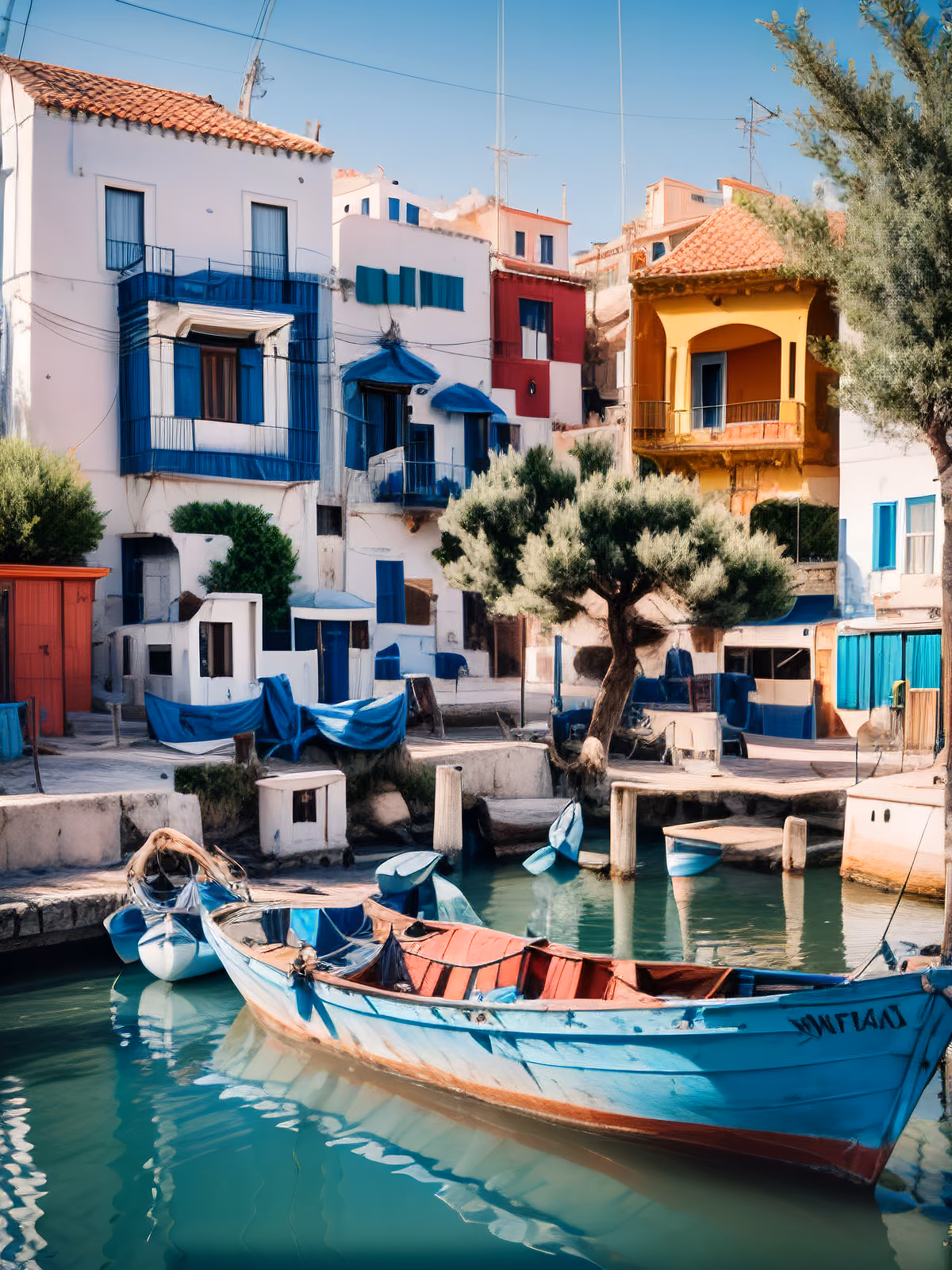 Greek Harbor Fishing Boat Photography QR Code for Posters — image 1
