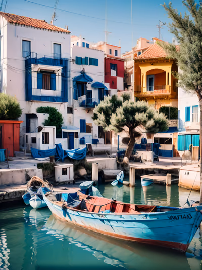 Greek Harbor Fishing Boat Photography QR Code for Posters — image 1