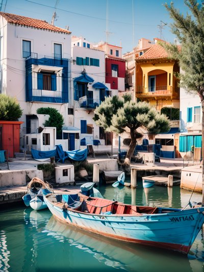 Greek Harbor Fishing Boat Photography QR Code for Posters