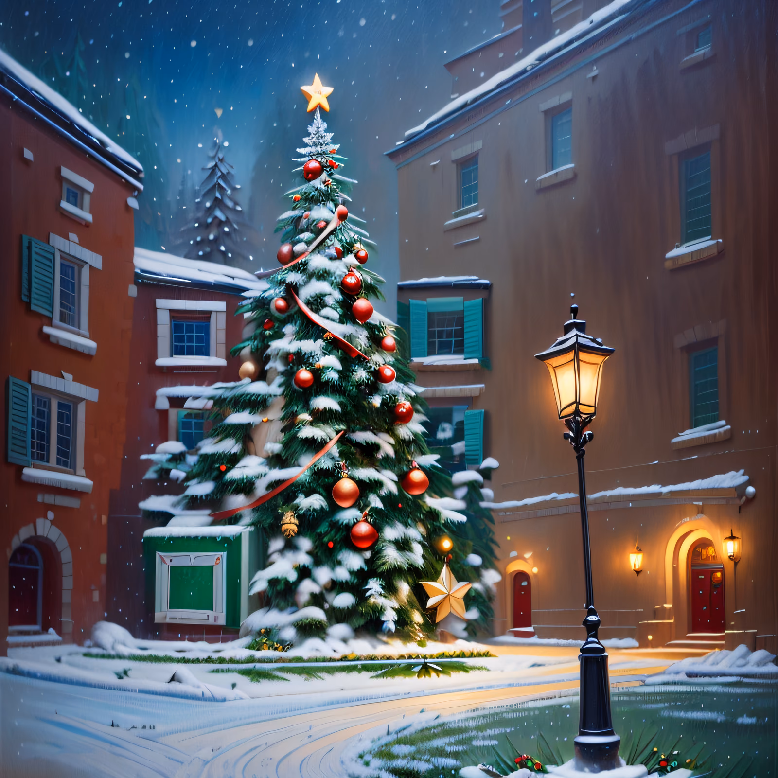 Snowy Christmas Tree Courtyard Painting QR Code for Greeting Cards — image 1