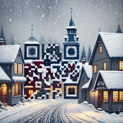 Заснеженная деревня с часовыми башнями: картина и QR-код для открыток