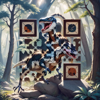 Velociraptors in Sunlit Forest Cartoon QR Code for Posters — image 1