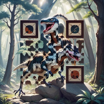 Velociraptors in Sunlit Forest Cartoon QR Code for Posters
