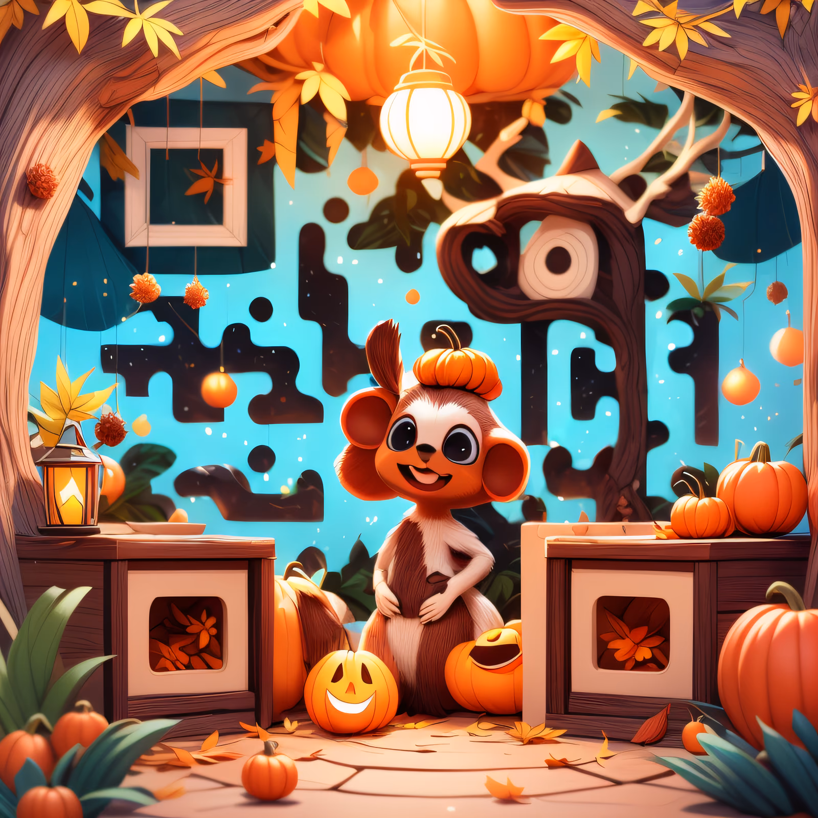 Осенняя белка с тыквами, мультяшный QR-код для постеров — изображение 1