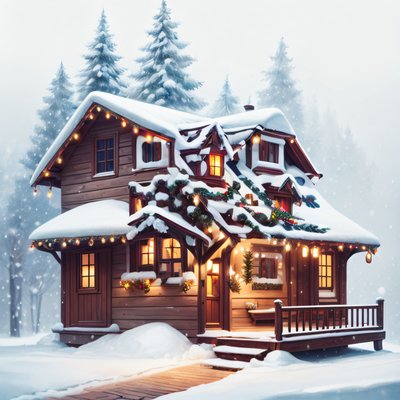 雪中圣诞木屋数字绘画二维码艺术，适用于贺卡