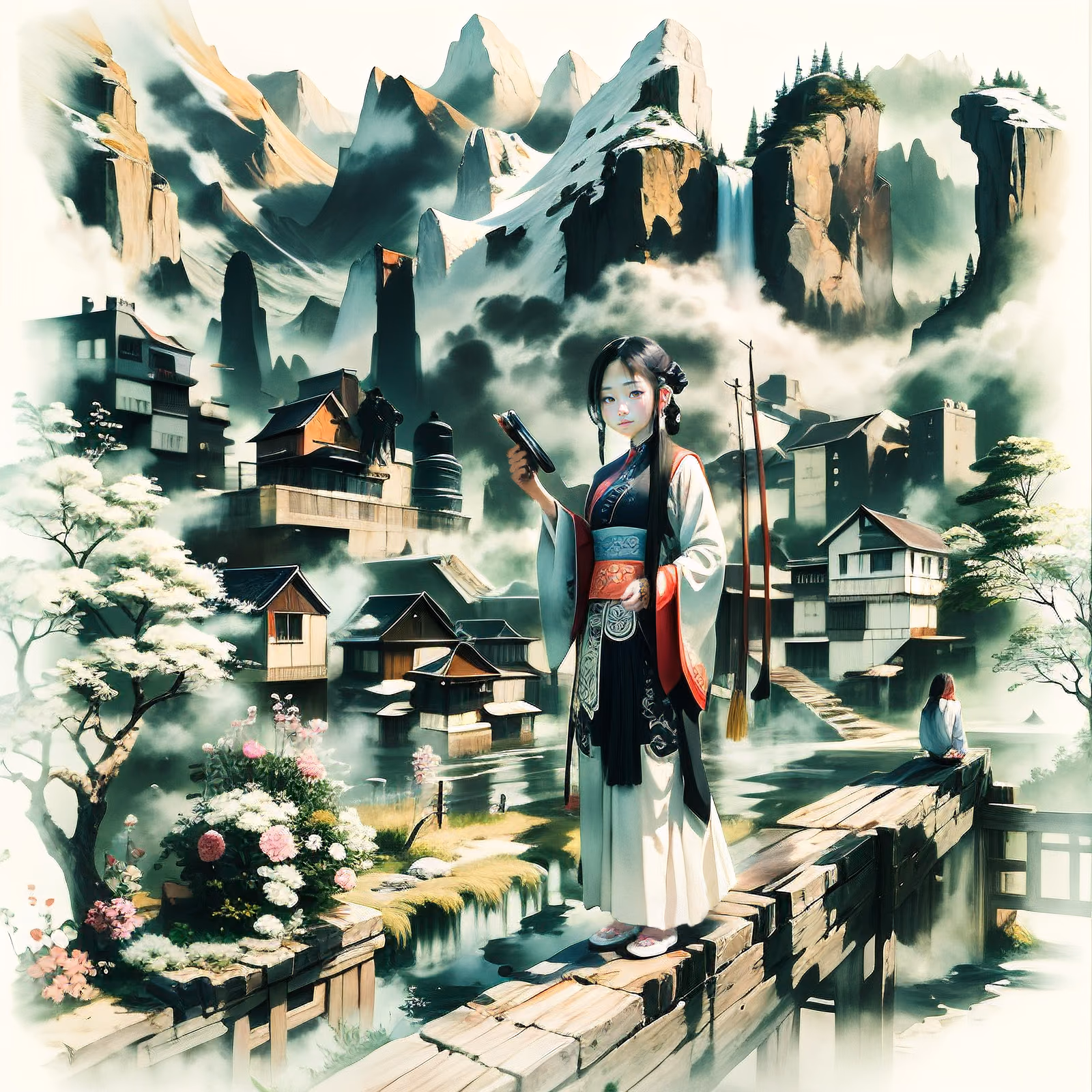 Misty Mountain Village Ink Wash QR Code Art — image 1