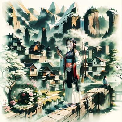 Misty Mountain Village Ink Wash QR Code Art
