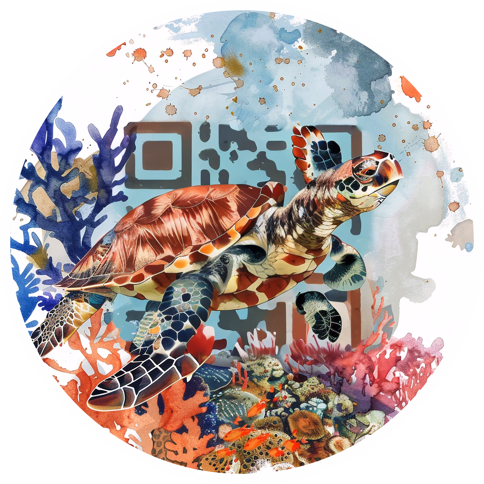 Sea Turtle Coral Reef Watercolor QR Code for Stickers — image 1
