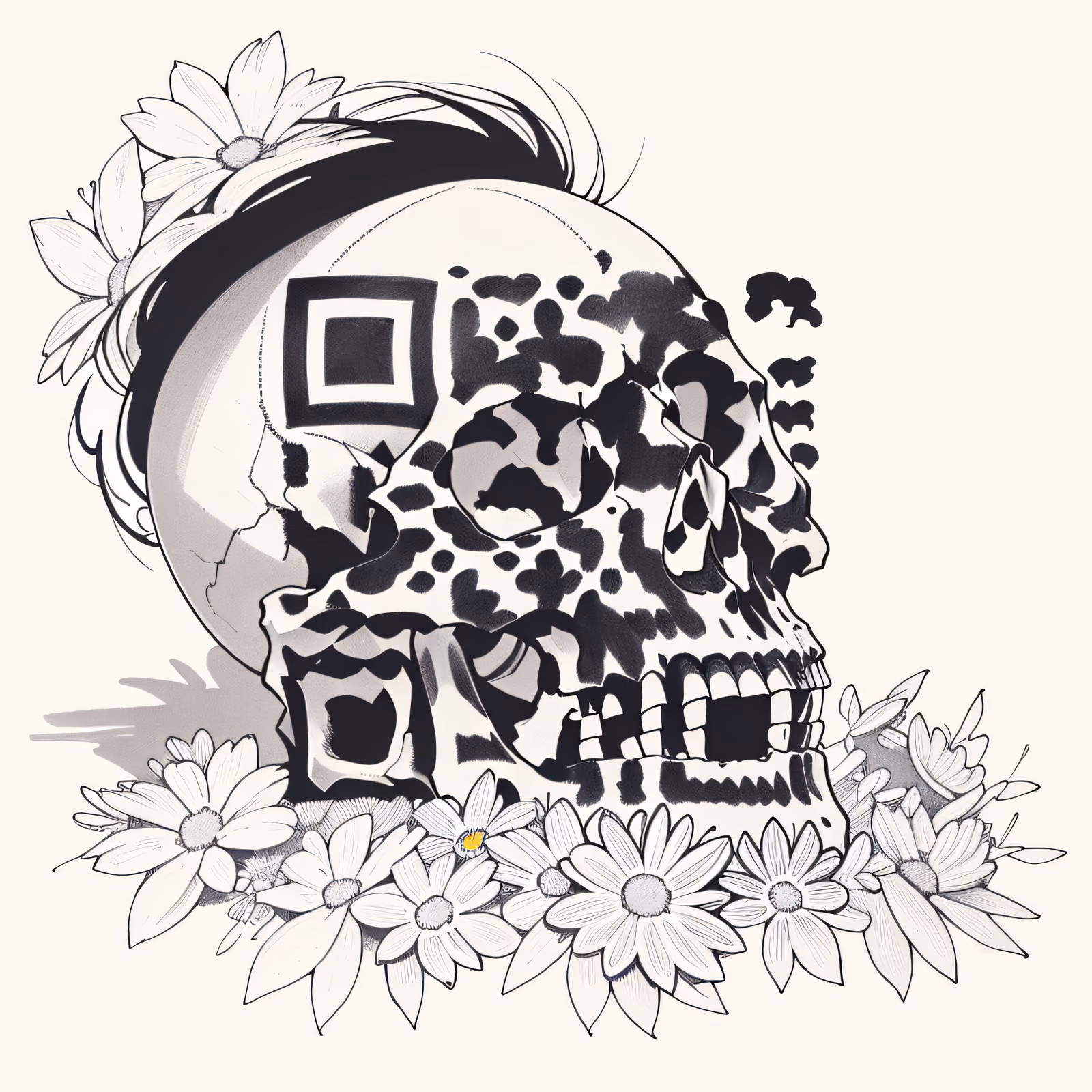 雏菊上的骷髅纹身墨迹二维码艺术,适用于临时纹身 — 图片 1