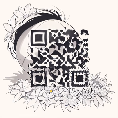 雏菊上的骷髅纹身墨迹二维码艺术,适用于临时纹身 — 图片 1