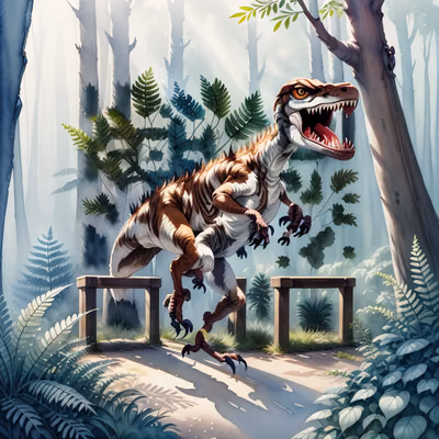 Velociraptor Forest Watercolor QR Code Art — image 1