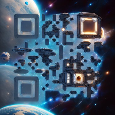 QR-код с космической станцией в стиле цифрового пейзажа для постеров