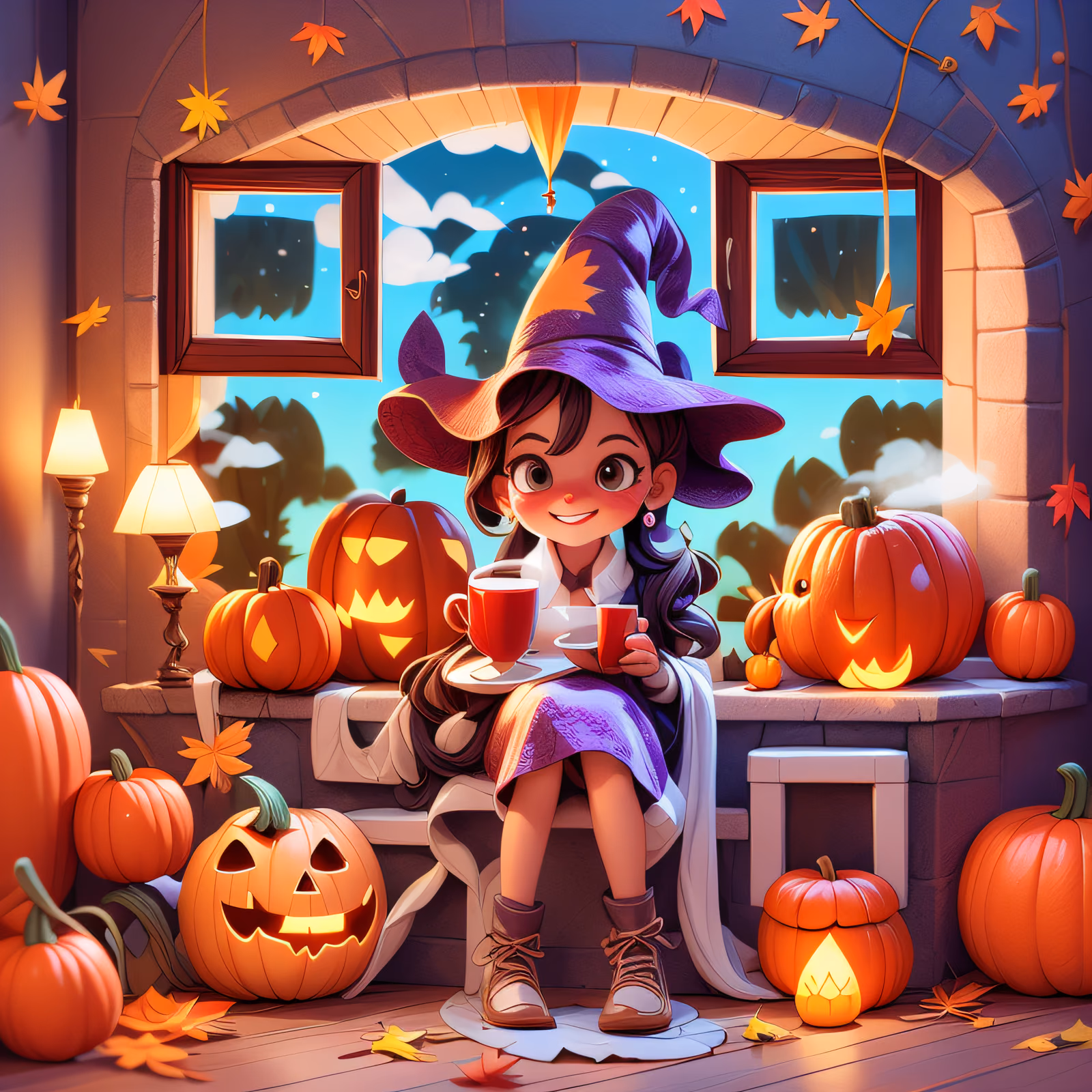 Cozy Witch With Pumpkins Cartoon QR Code for Posters — image 1