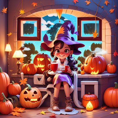 Cozy Witch With Pumpkins Cartoon QR Code for Posters