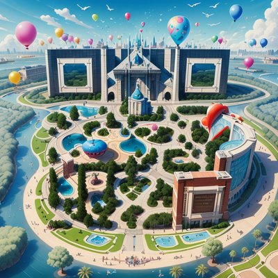 Theme Park Island Aerial 3D QR Code for Posters