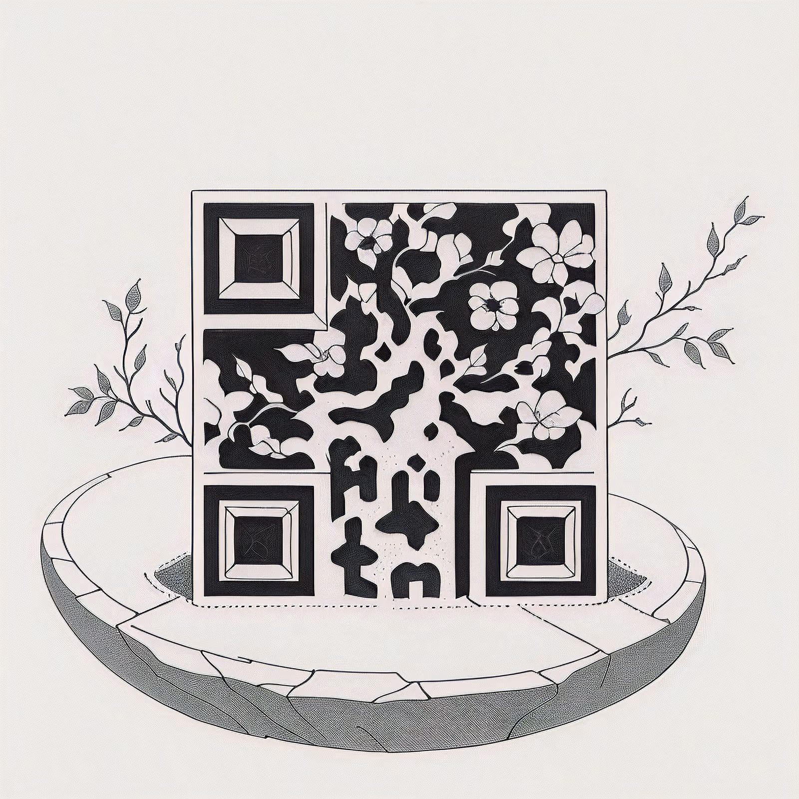 Каменный колодец с цветами, тату тушью, QR-код для временных татуировок — изображение 1