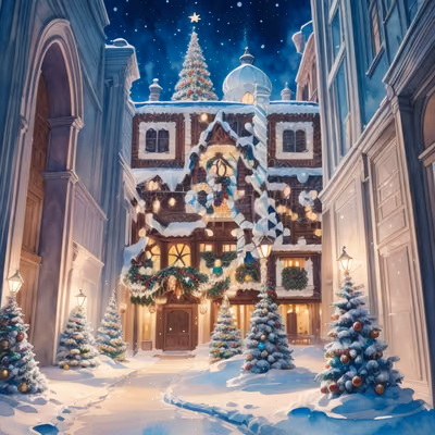 雪夜圣诞工坊水彩二维码设计,适用于贺卡 — 图片 1