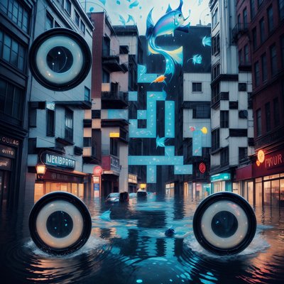 Flooded City Holographic Fish Surreal QR Code Poster