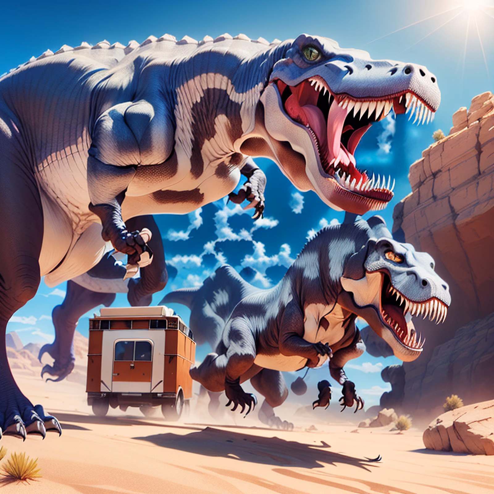 Roaring T-Rex Desert Chase Painting QR Code for Posters — image 1