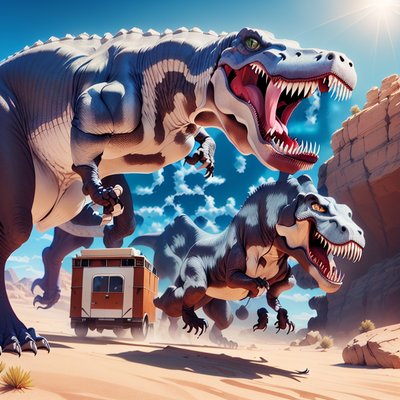 Roaring T-Rex Desert Chase Painting QR Code for Posters