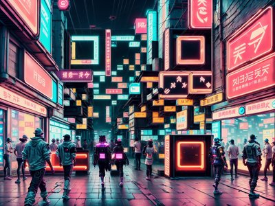 Neon Megacity Street Cyberpunk QR Code for Posters